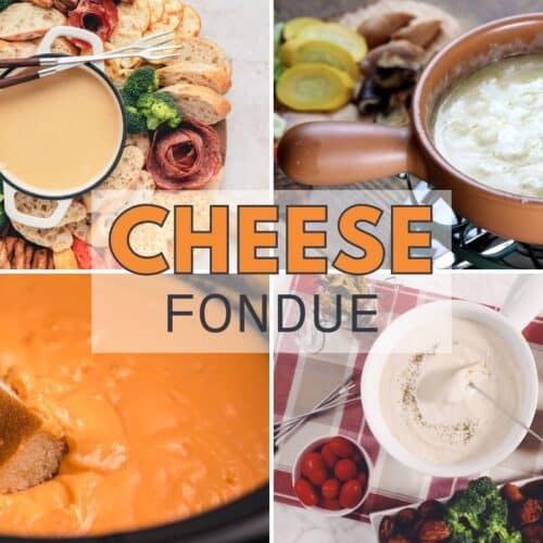 Assorted cheese fondue dishes with various accompaniments.
