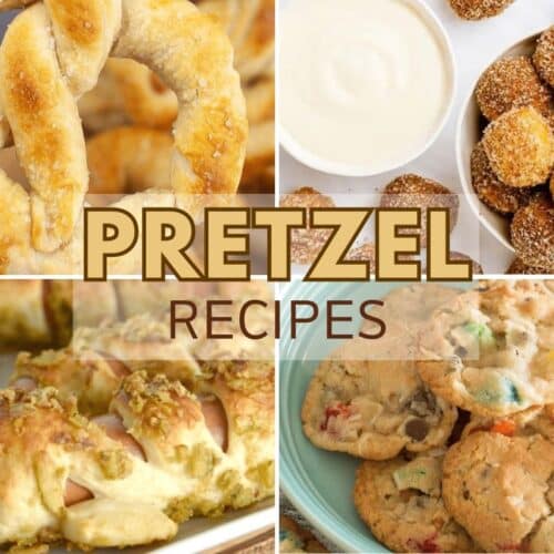 Collage of four pretzel recipes: classic pretzels, sugar-coated pretzel balls, pretzel dogs with mustard, and pretzel cookies with chocolate chips.