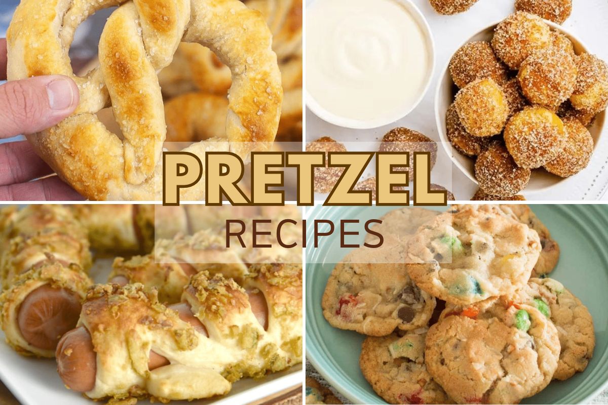 Collage of four pretzel recipes: classic pretzels, sugar-coated pretzel balls, pretzel dogs with mustard, and pretzel cookies with chocolate chips.
