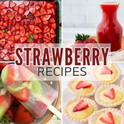 A collage showcasing various strawberry recipes including a strawberry tart, popsicles, sauce, and fresh strawberries.
