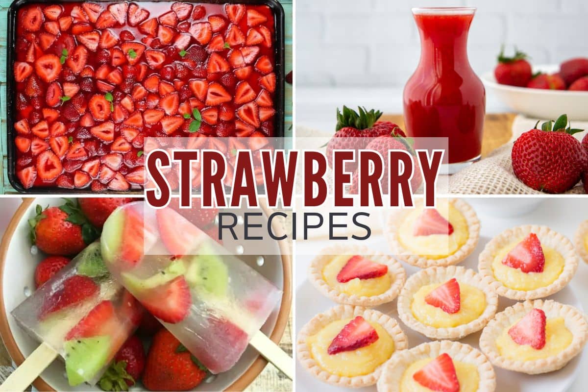 A collage showcasing various strawberry recipes including a strawberry tart, popsicles, sauce, and fresh strawberries.