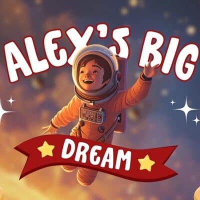Illustration of a smiling astronaut child floating in space with the text "Alex's Big Dream" in bold letters. A red ribbon with the word "Dream" and two stars is featured at the bottom of the image.