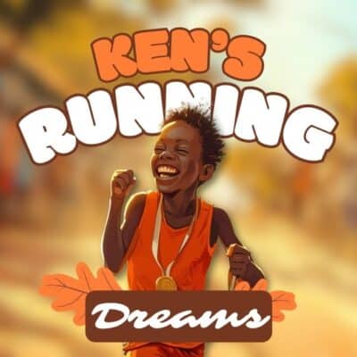 Illustration of a joyful child running with a medal around their neck, overlayed with the text "Ken's Running Dreams".