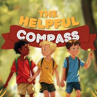 An illustrated cover depicts three children walking together in a forest holding hands, with the title "The Helpful Compass" above them.