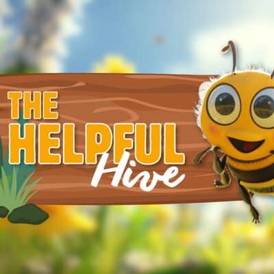 A smiling cartoon bee stands next to a wooden sign that reads "The Helpful Hive." The background features blurred flowers and foliage.