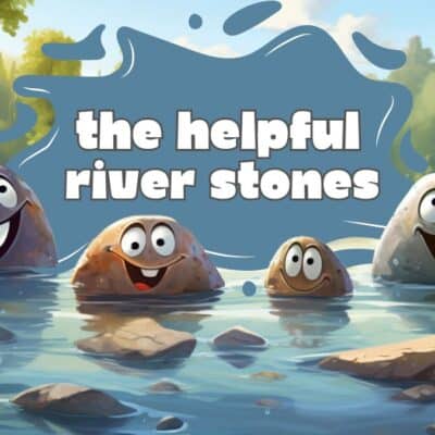 Illustration of five smiling stones with faces in a river, surrounded by trees with the text "the helpful river stones" in a splash-shaped background in the center.