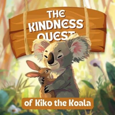 Illustration of a koala hugging a small kangaroo under a wooden sign that reads "The Kindness Quest." Lush forest background. Text below reads "of Kiko the Koala.