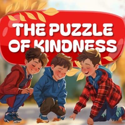 Three boys dressed in fall attire are cheerfully playing together on a sidewalk with fallen leaves. Text overlay reads "The Puzzle of Kindness". Autumn foliage is visible in the background.