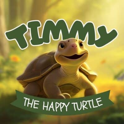Illustration of a smiling turtle named Timmy in a lush forest setting with bright flowers and leaves. The text reads "Timmy the Happy Turtle" at the top and bottom.