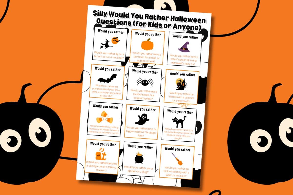 A Halloween Would You Rather question sheet is displayed on an orange background with black cartoon pumpkins.