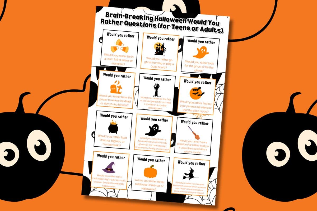 A Halloween Would You Rather question sheet is displayed on an orange background with black cartoon pumpkins.