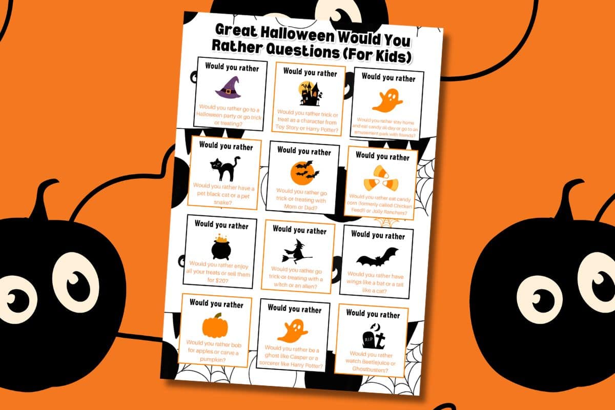 A Halloween Would You Rather question sheet is displayed on an orange background with black cartoon pumpkins.