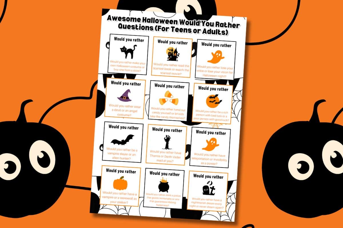 A Halloween Would You Rather question sheet is displayed on an orange background with black cartoon pumpkins.