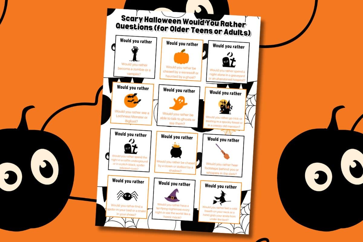 A Halloween Would You Rather question sheet is displayed on an orange background with black cartoon pumpkins.