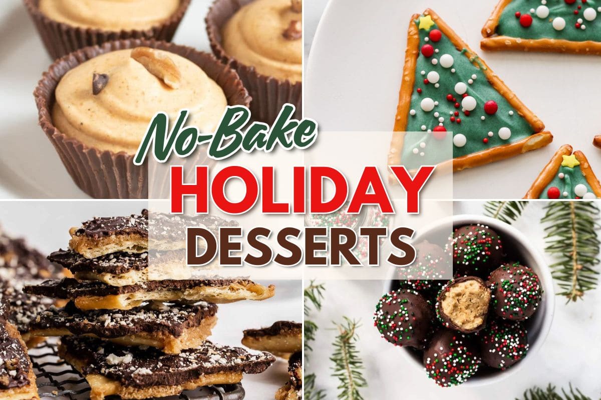 Collage of no-bake holiday desserts, including peanut butter cups, decorated pretzel trees, chocolate bark, and chocolate truffles.