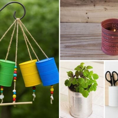 Four DIY projects using tin cans: a colorful wind chime, a candle holder, a planter with a green plant, and two tin cans used as desk organizers for pens and scissors.