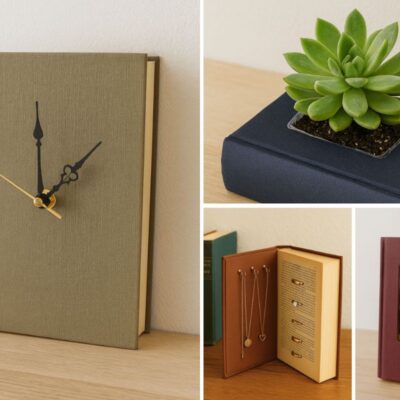 A collage shows books repurposed as a wall clock, a planter, a jewelry box, and a photo frame holding a picture of a couple.