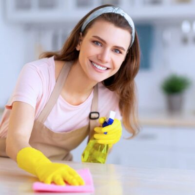 Woman wearing yellow gloves and an apron cleans a kitchen counter with a pink cloth and holds a spray bottle, smiling at the camera.