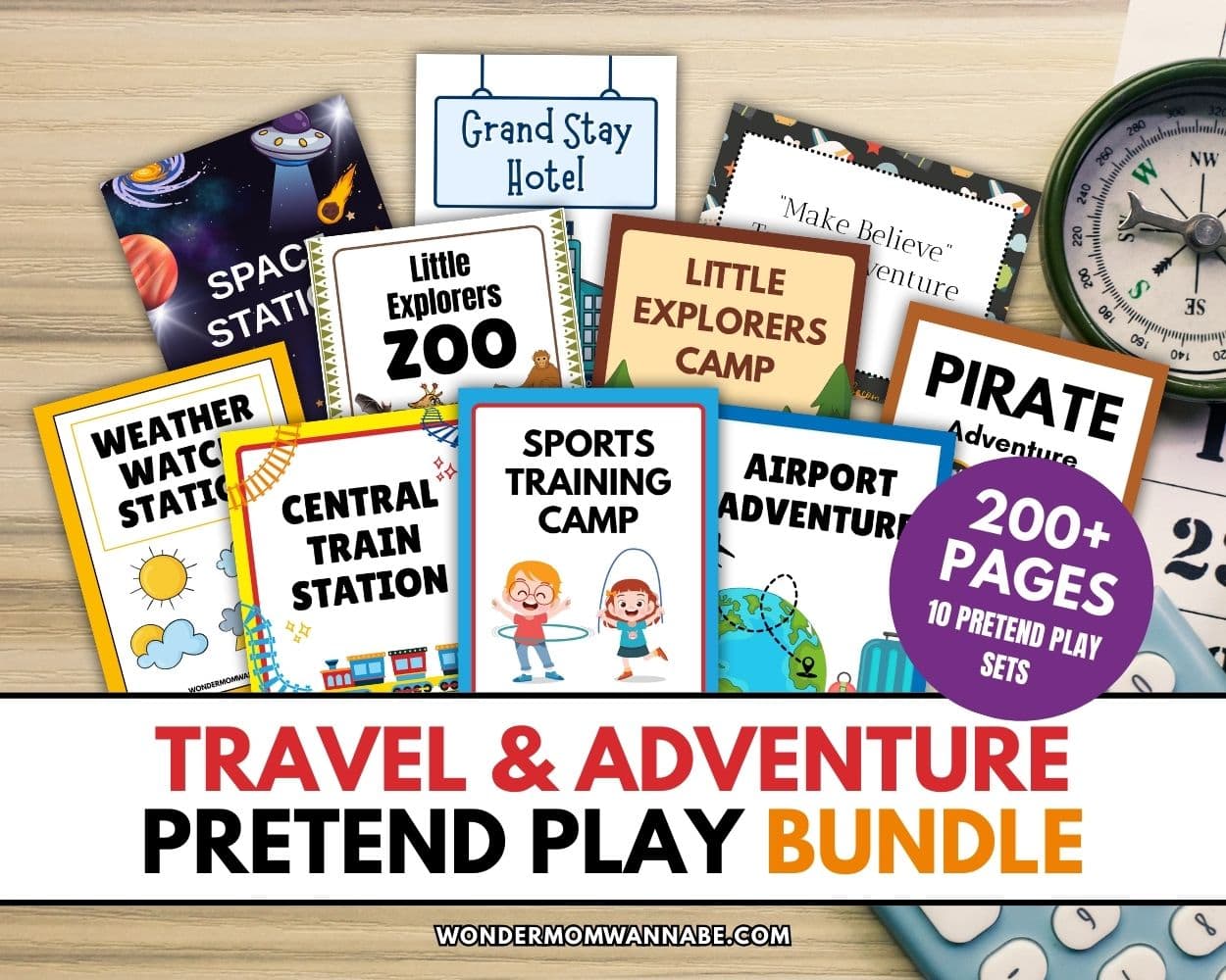 A collection of colorful pretend play station signs and activity sheets for kids, labeled as a "Travel & Adventure Pretend Play Bundle" with over 200 pages.