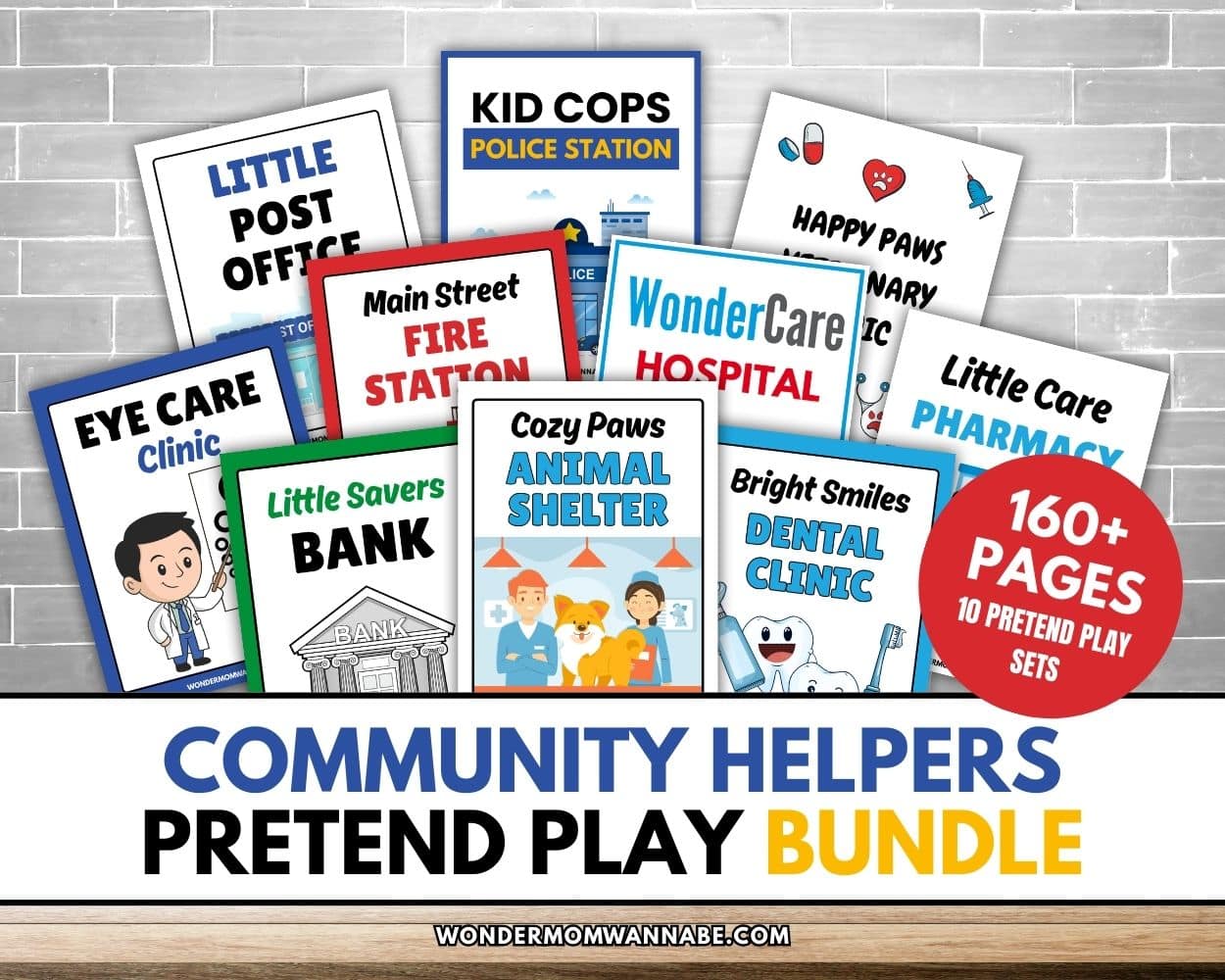 A display of printable pretend play sets for community helpers, including hospital, fire station, police station, bank, post office, pharmacy, animal shelter, eye care, and dental clinic.
