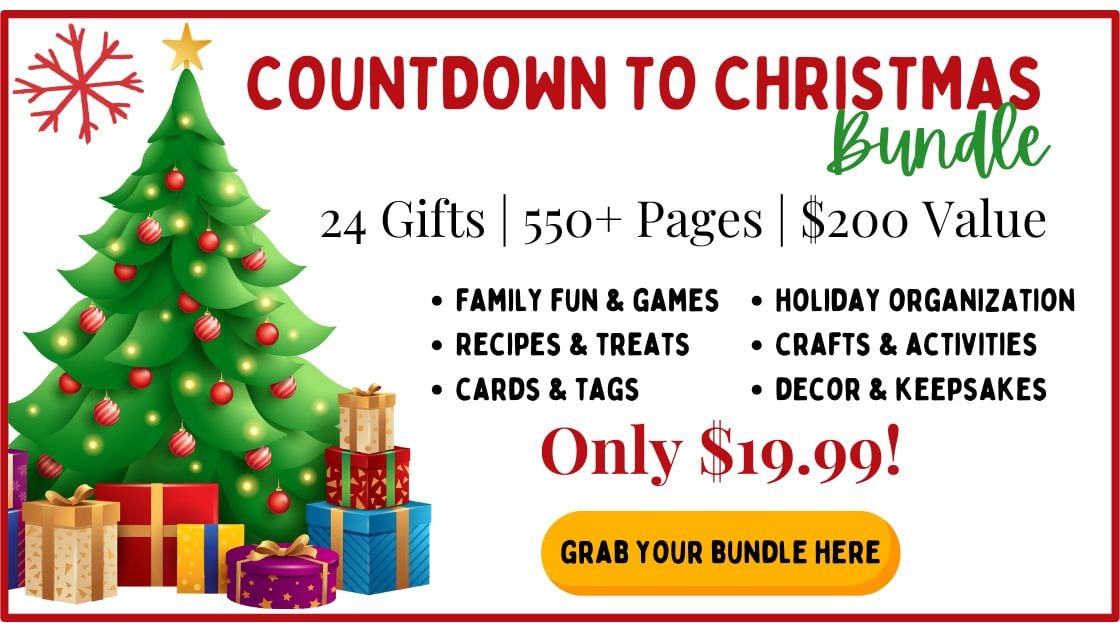 Christmas bundle promotion with a decorated tree, wrapped gifts, and text detailing 24 gifts, 550+ pages, a $200 value, and a sale price of $19.99.