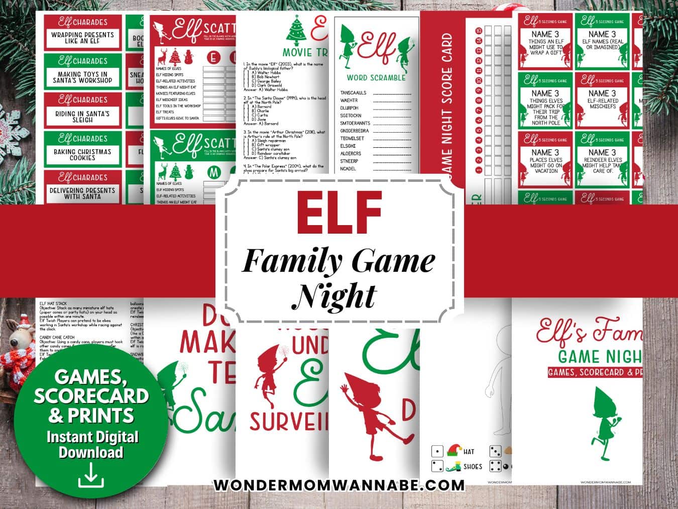 A digital Elf Family Game Night kit featuring printable game cards, scorecards, and instructions in red, green, and white holiday-themed designs.
