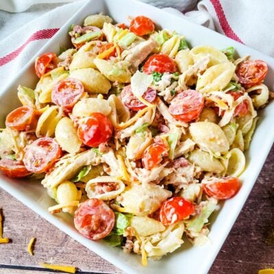 A bowl of pasta salad.