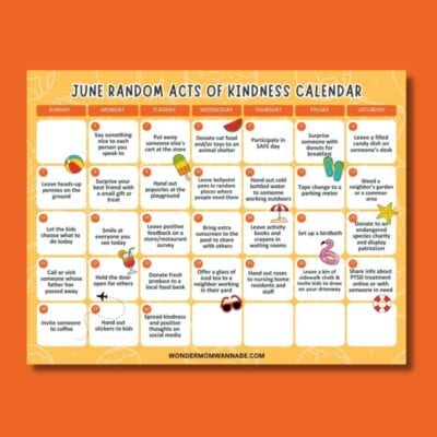 June acts of kindness calendar featuring daily suggestions like giving compliments, donating items, and helping others, all displayed on a vibrant orange background.