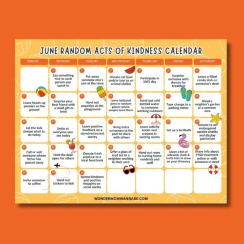June acts of kindness calendar featuring daily suggestions like giving compliments, donating items, and helping others, all displayed on a vibrant orange background.
