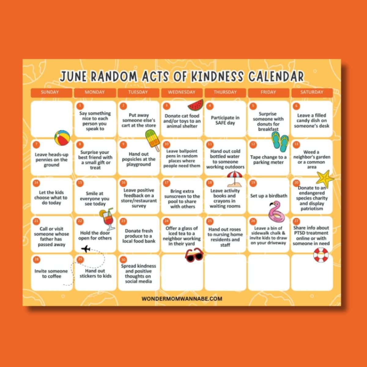 June acts of kindness calendar featuring daily suggestions like giving compliments, donating items, and helping others, all displayed on a vibrant orange background.