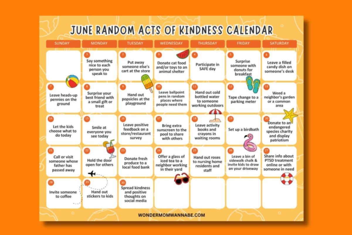 June acts of kindness calendar featuring daily suggestions for kind actions.