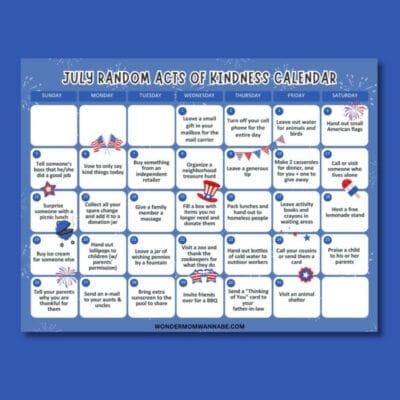 A July acts of kindness calendar titled "July Random Acts of Kindness Calendar," featuring daily suggestions for thoughtful gestures, each displayed in a white box against a blue background.
