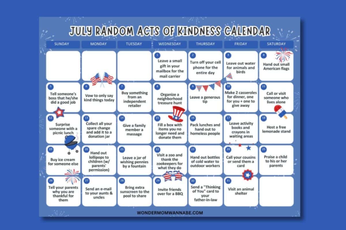 A July acts of kindness calendar with daily suggestions.