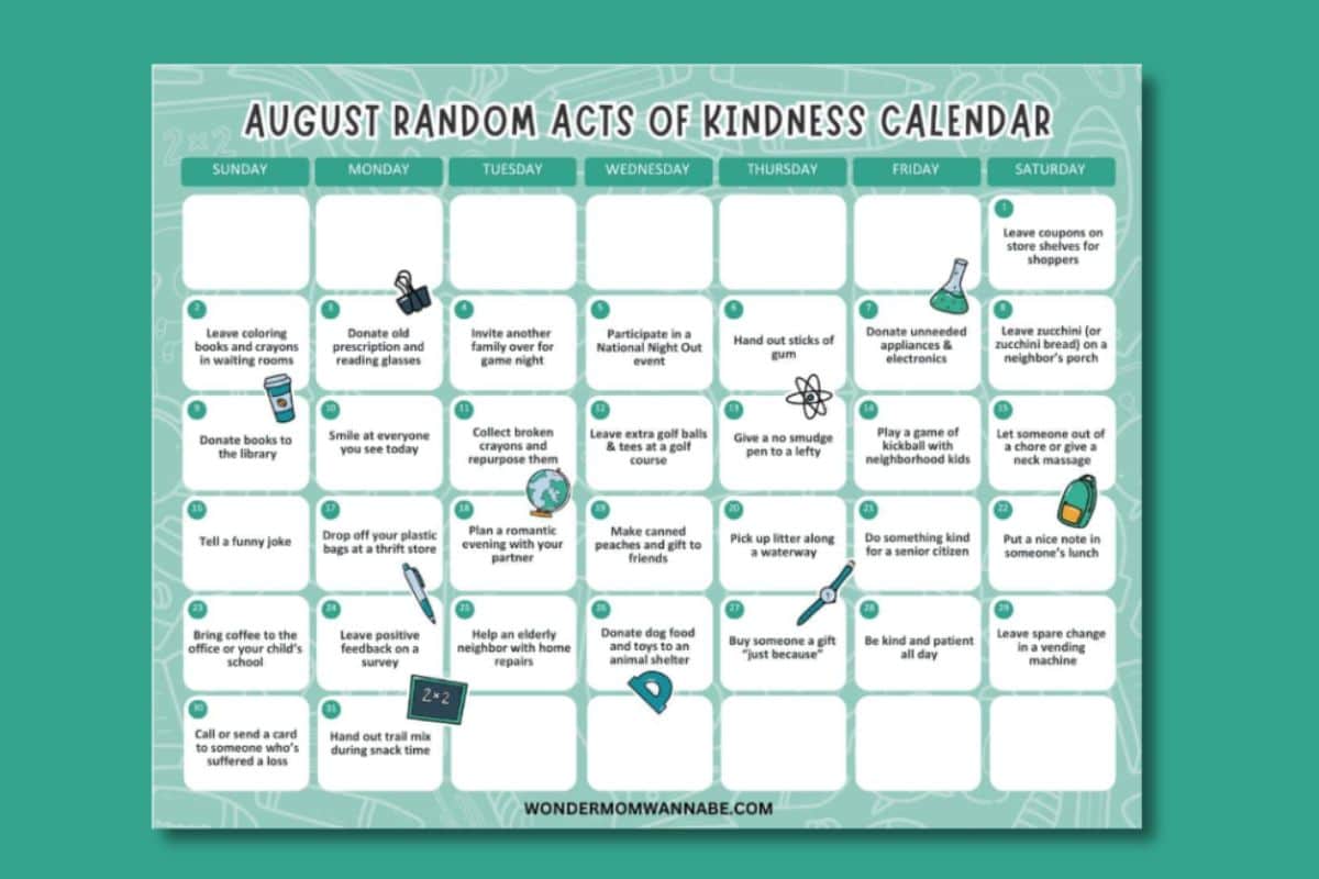 August acts of kindness calendar featuring daily suggestions.