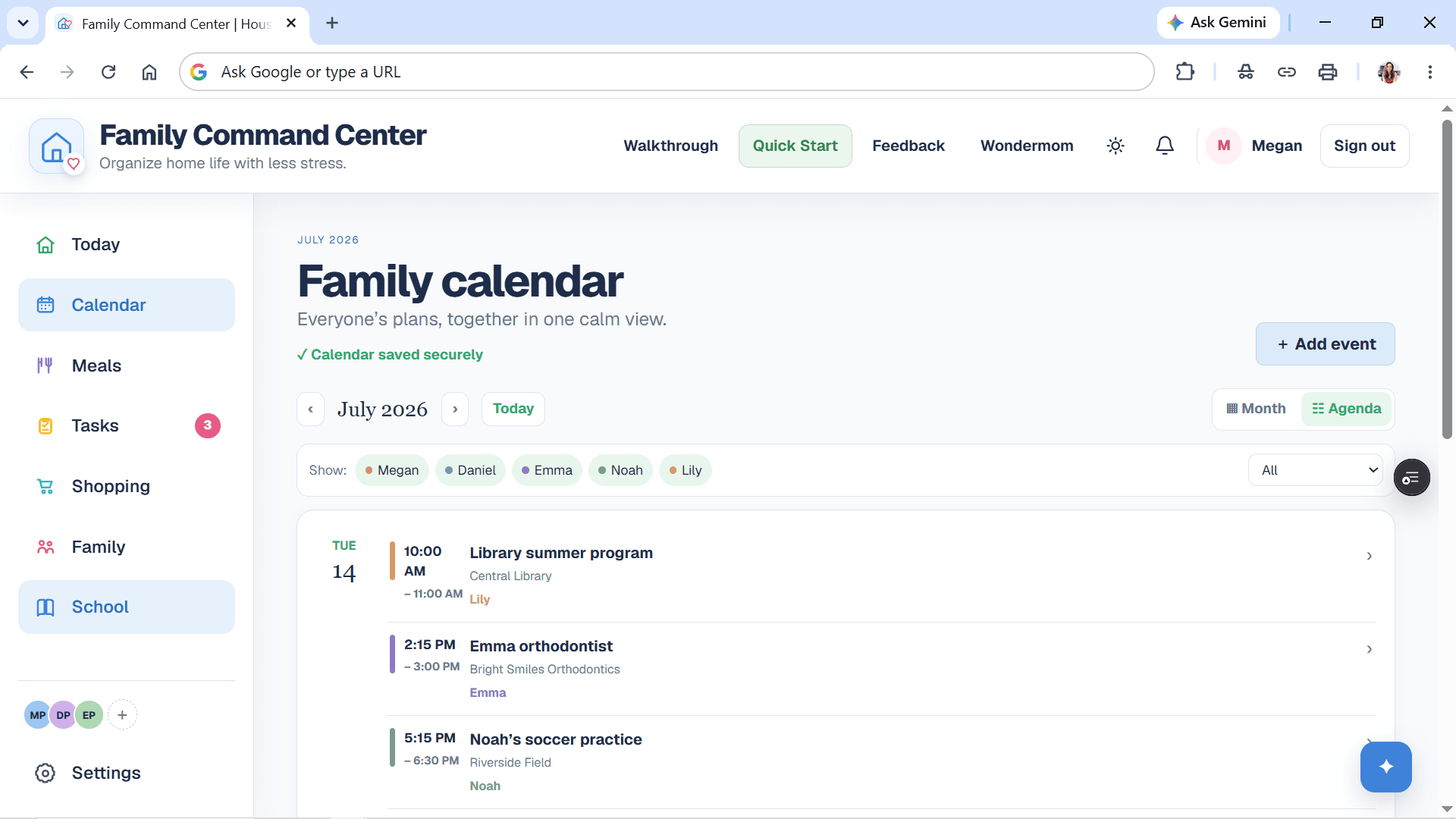 Family Command Center shared calendar view