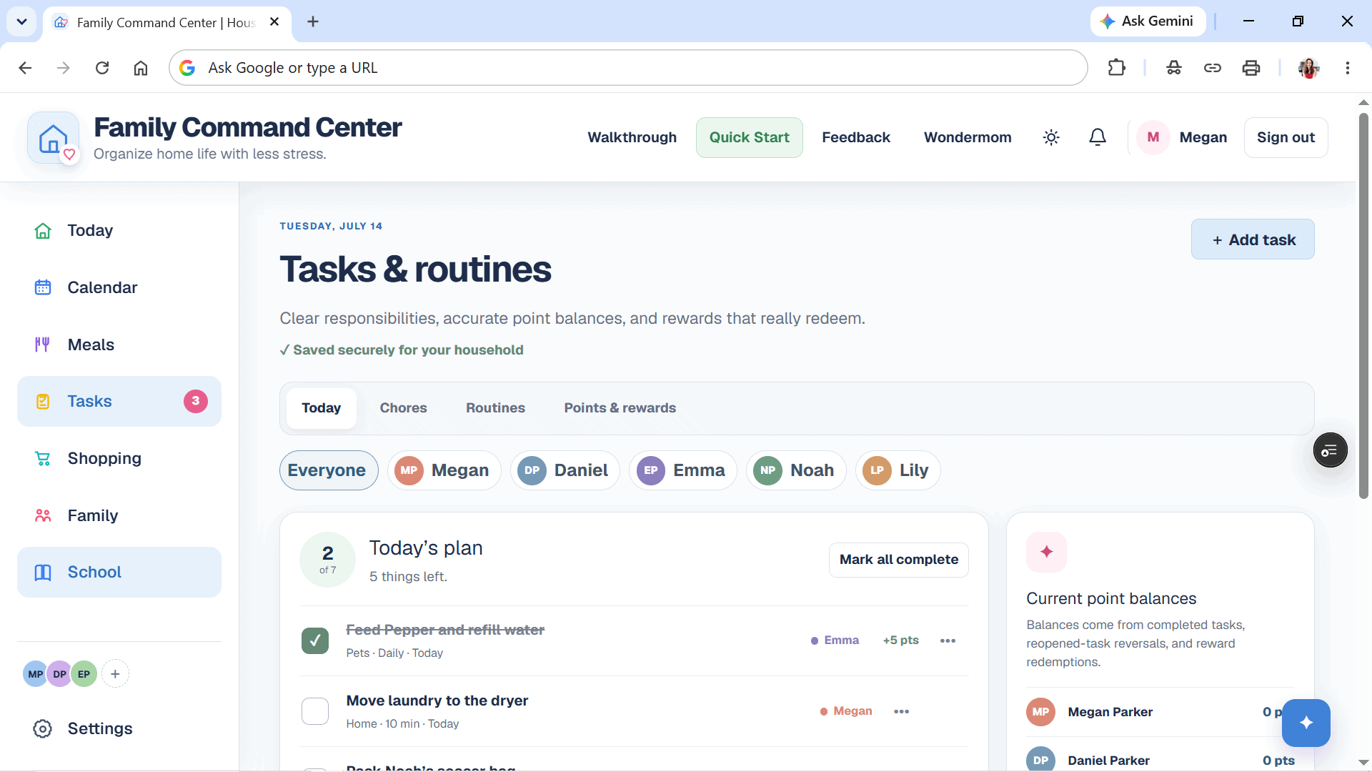 Family Command Center tasks and routines view