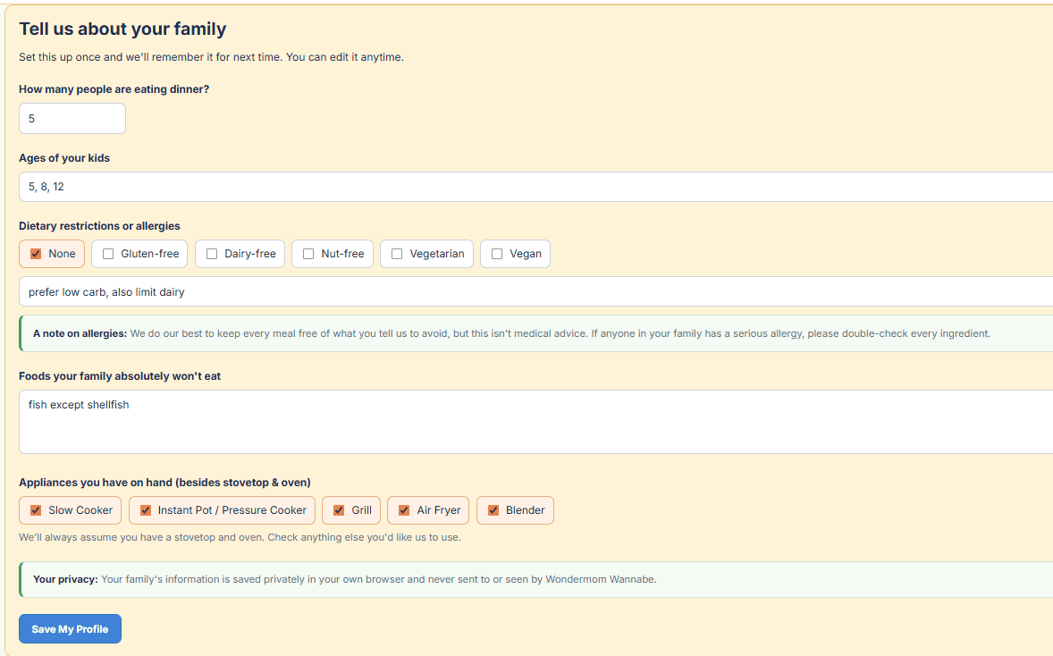 Family Meal Planner family preferences setup