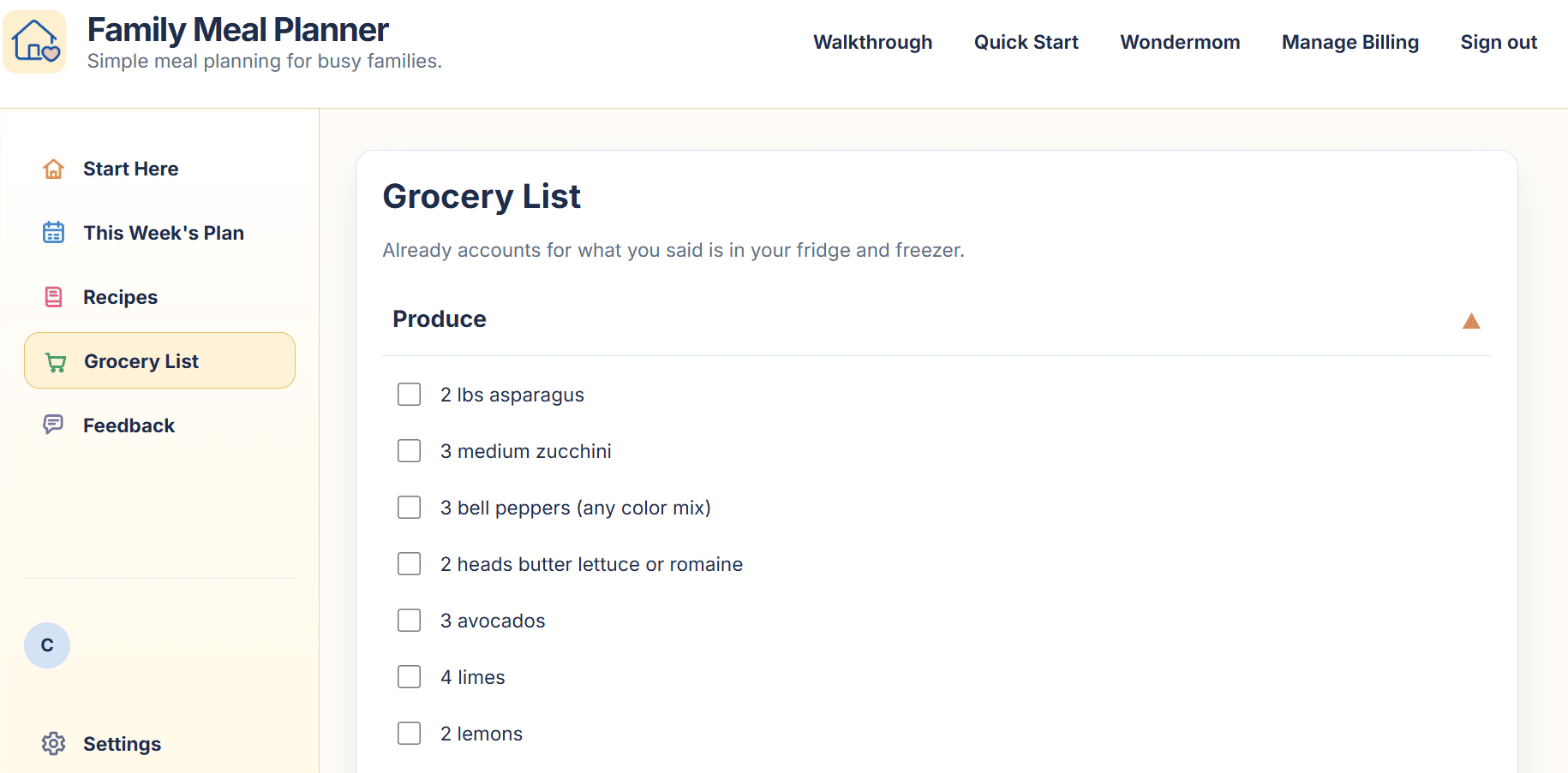 Family Meal Planner grocery list view