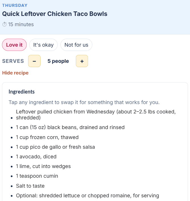 Family Meal Planner ingredients and substitutions view