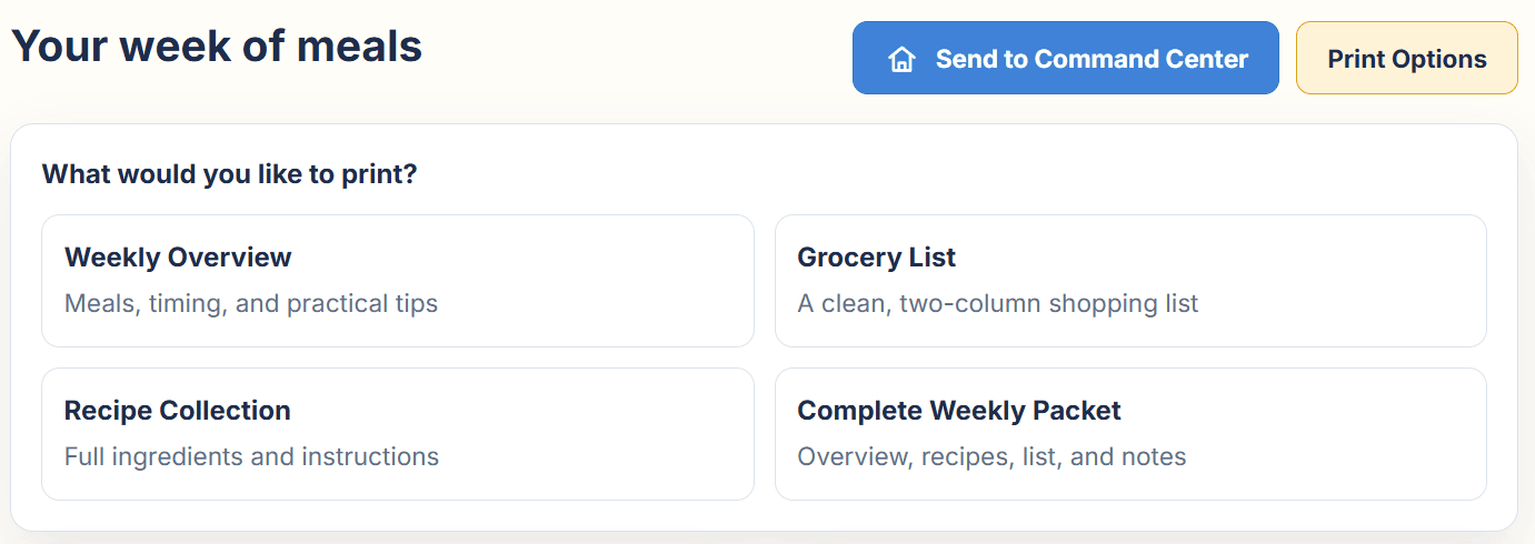 Family Meal Planner print options view
