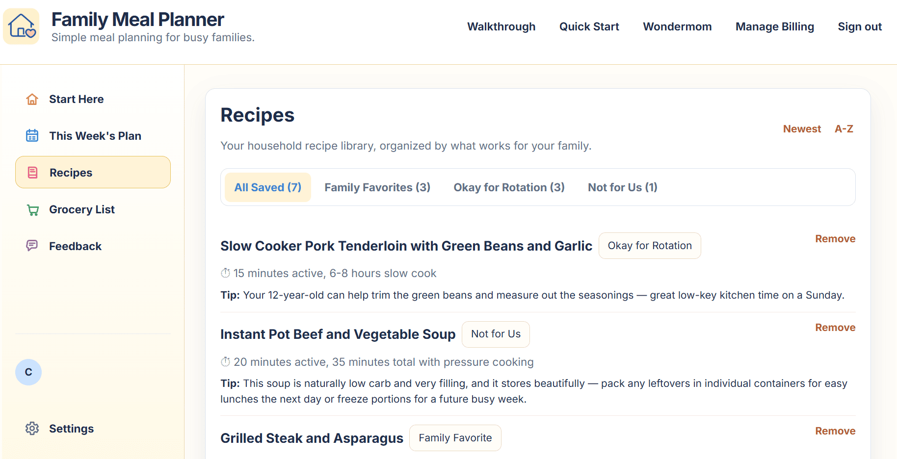 Family Meal Planner recipe view