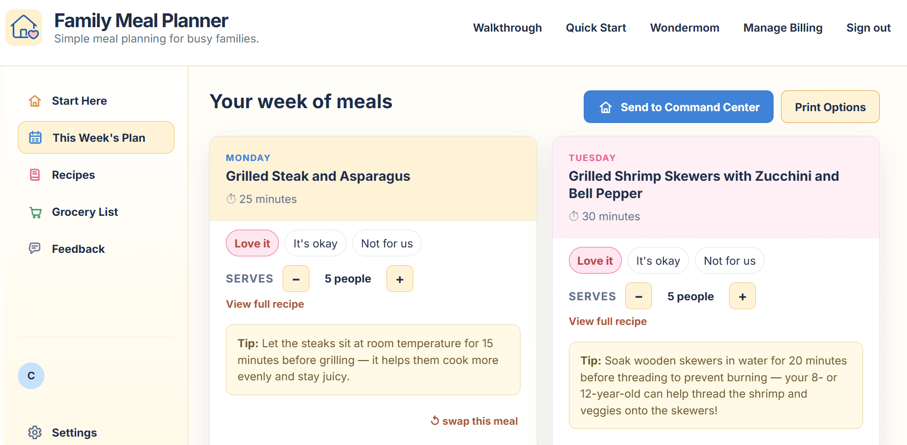 Family Meal Planner weekly plan view