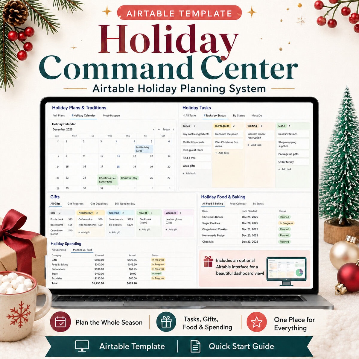 Tablet displaying a holiday planning Airtable template with sections for calendar, tasks, gifts, food, and spending. Surrounded by festive decorations, gifts, candy canes, and a cup of marshmallows.