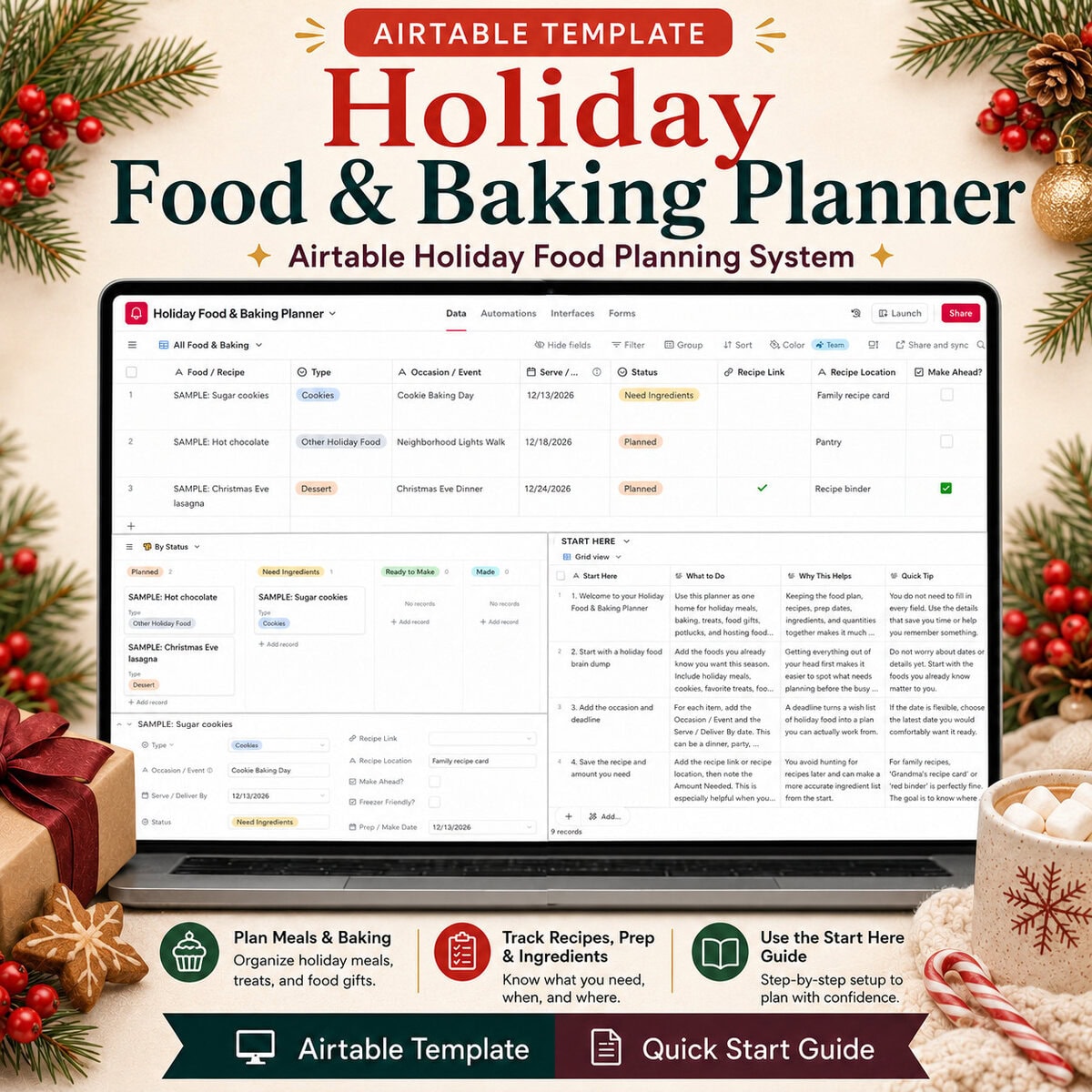 A laptop displays a Holiday Food & Baking Planner Airtable template, surrounded by festive decorations, wrapped gifts, and baking ingredients.