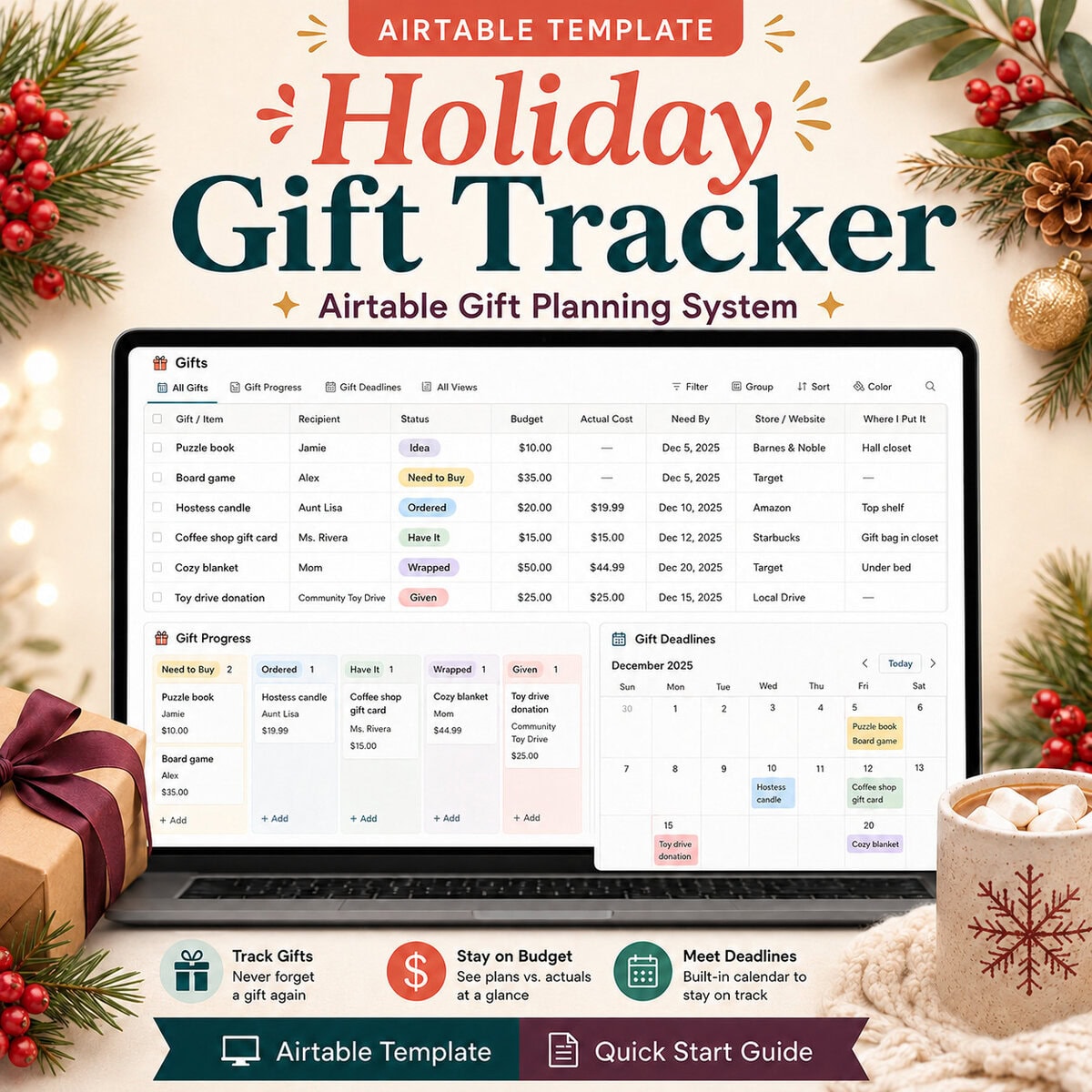 A laptop displays a holiday gift tracker template on Airtable, surrounded by festive decorations, a wrapped gift, and a mug with marshmallows.