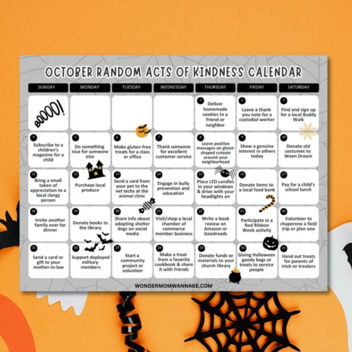 October acts of kindness calendar featuring daily kindness tasks and Halloween-themed icons on a festive orange background with black decorations.
